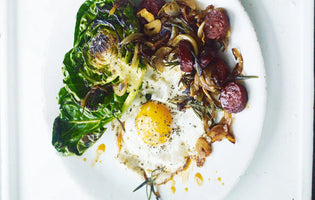 Brussels Tops, Chorizo, Onions & Fried Egg