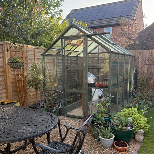 A green metal-framed Rhino Greenhouse stands in a garden, surrounded by potted plants and gravel, near patio furniture. Behind it, a brick house features rooftop solar panels.