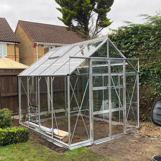 A glass Rhino Greenhouse stands assembled in a backyard, surrounded by hedges and a wooden fence, with neighboring houses visible in the background. It's positioned on a grass and soil patch.