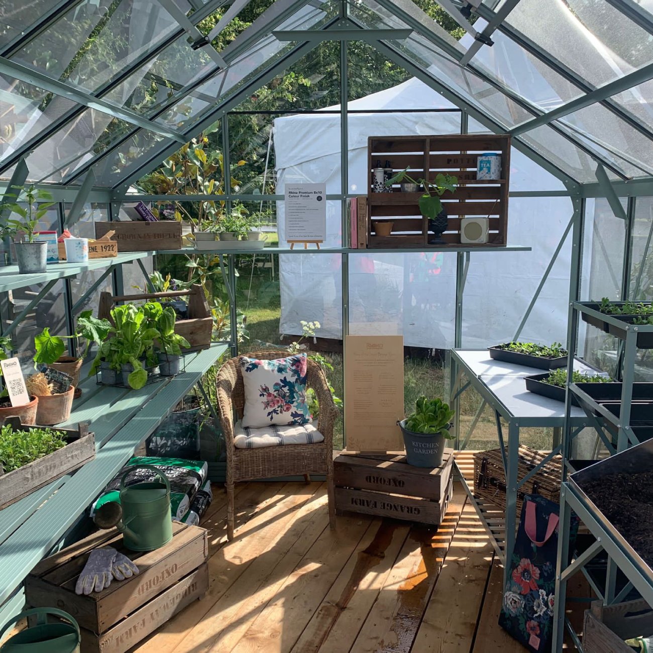 Rhino Greenhouse interior featuring potted plants on shelves and tables. A wicker chair with a floral cushion sits on wooden flooring. Signs and gardening supplies are visible under natural light.