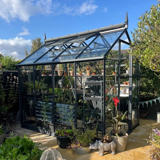 Rhino Greenhouse with a metal frame shelters various potted plants inside. It stands on a patio with other plant pots and a decorative rhino statue, surrounded by lush greenery under a blue sky.