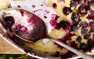 Blueberry Clafoutis on a wooden board