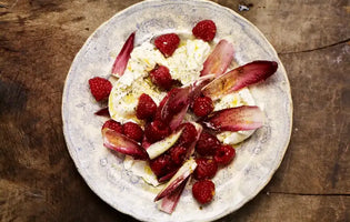Raspberries with Chicory, olive oil and burrata