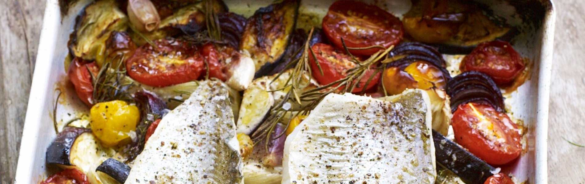 Gill Meller: Roast Aubergine, Fennel and Tomatoes with Baked Fish and Herbs