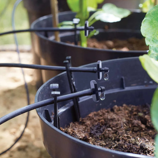 Close up of irrigation system drippers