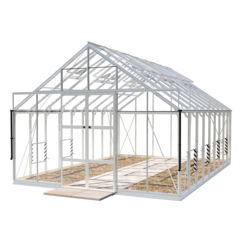 A white Rhino Greenhouse stands with sliding doors open, showcasing a structured metal frame and transparent panels on a plain background, indicating a spacious, controlled environment for gardening.
