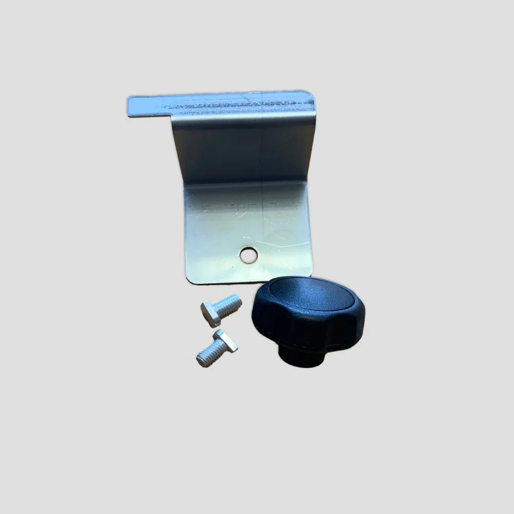 Metal bracket with a hole, accompanied by two screws and a black knob, resting on a plain gray background.
