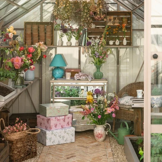 Assortment of staging items inside a greenhouse