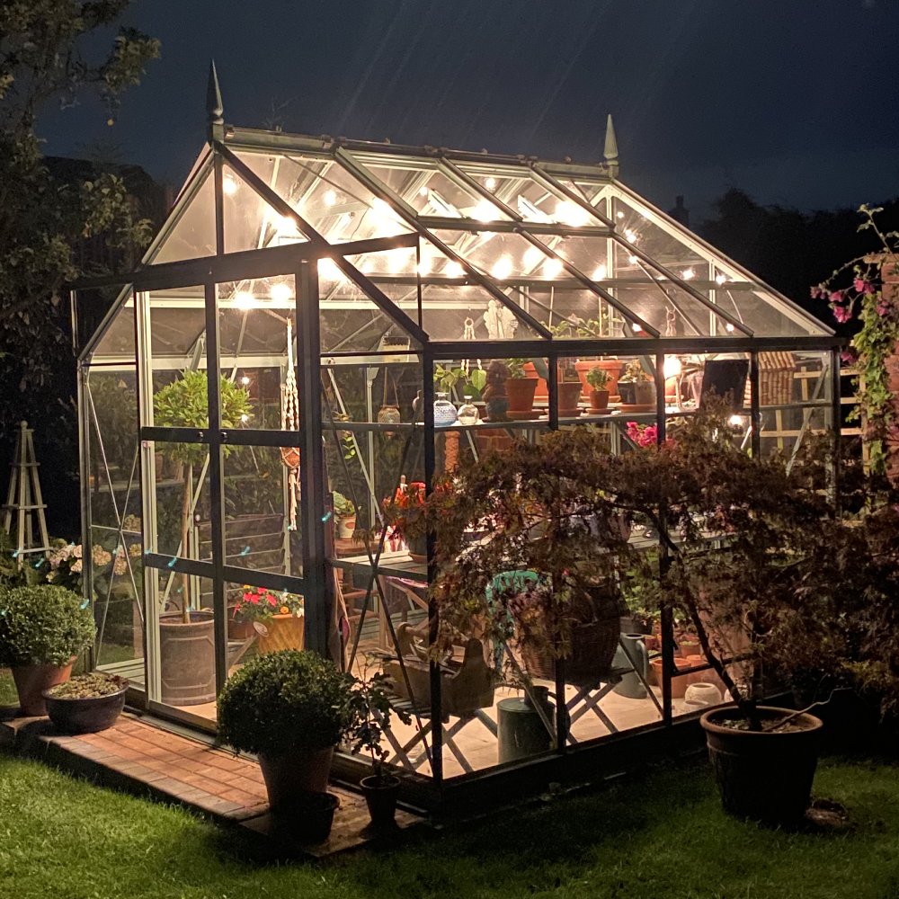 A glass Rhino Greenhouse illuminated at night, displaying various potted plants inside. It is surrounded by lush garden foliage and pots, creating a serene, well-maintained garden atmosphere.