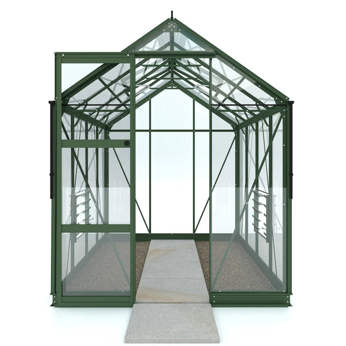 Front view illustrating how the greenhouse looks with door open