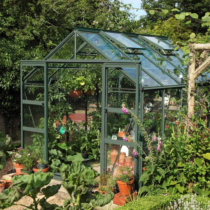 Tuscan Olive Classic Greenhouse nestled in a well stocked garden