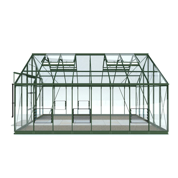 Side profile showing positioning of louvre vents on greenhouse